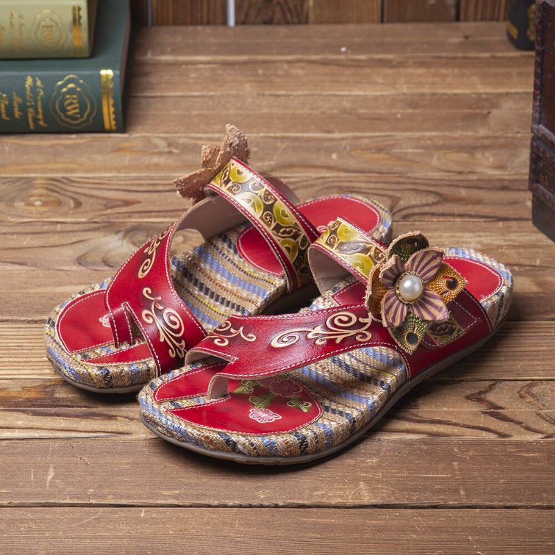 Bequeme Flachstreifen-zehensandalen Aus Leder Mit Retro-blumendruck