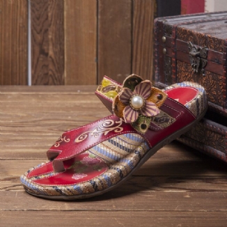 Bequeme Flachstreifen-zehensandalen Aus Leder Mit Retro-blumendruck