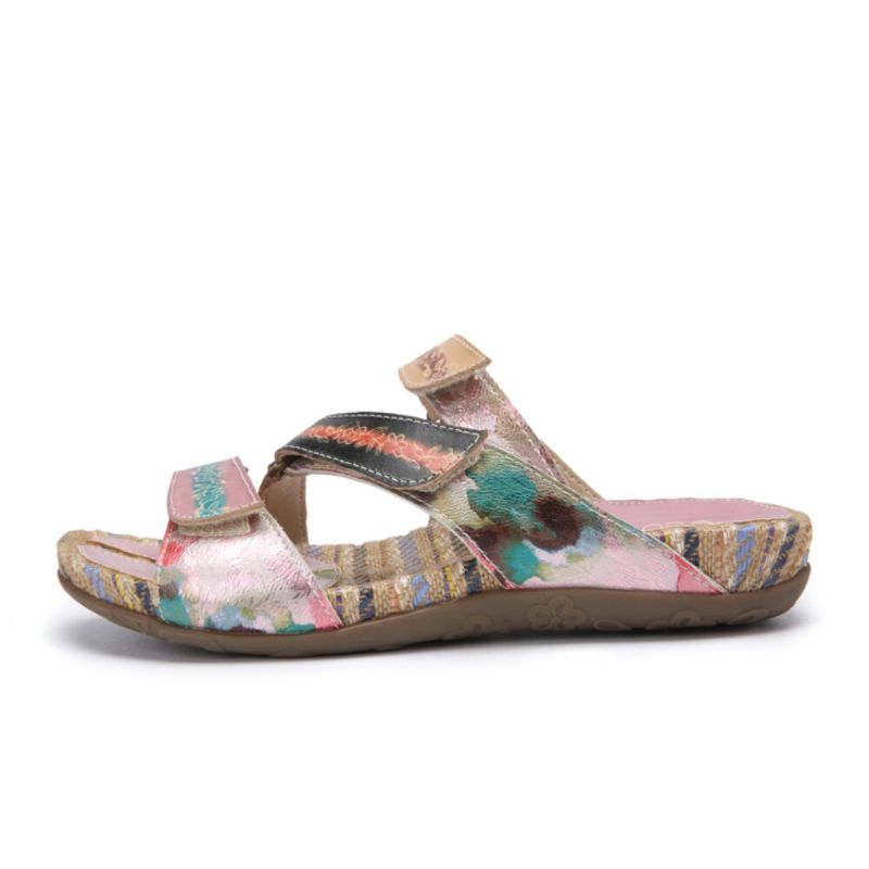 Bequeme Flachstreifen-zehensandalen Aus Leder Mit Retro-blumendruck