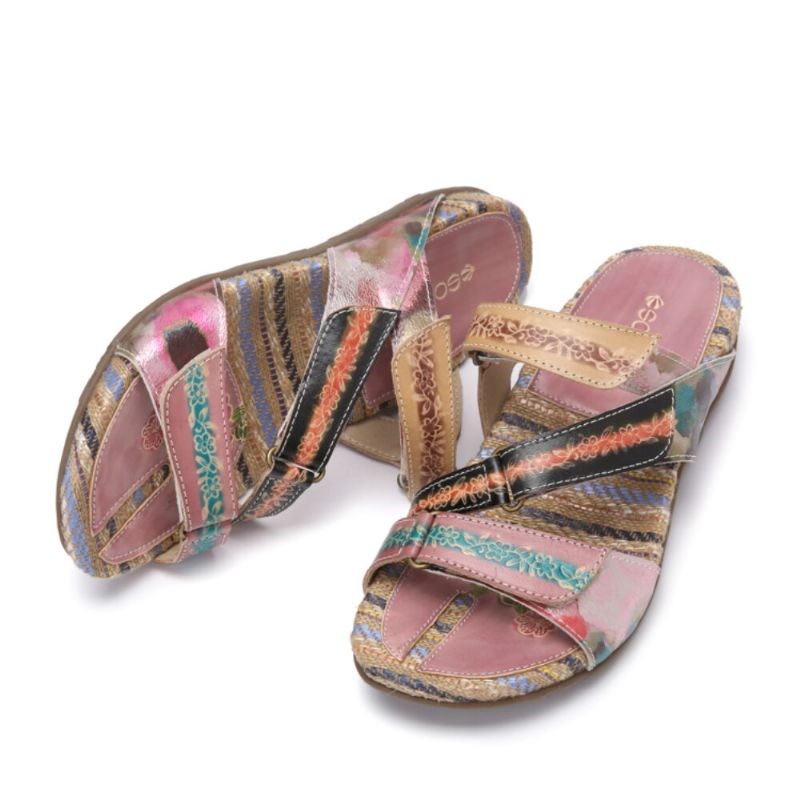 Bequeme Flachstreifen-zehensandalen Aus Leder Mit Retro-blumendruck