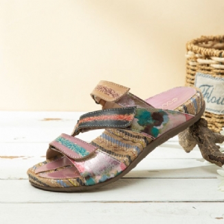 Bequeme Flachstreifen-zehensandalen Aus Leder Mit Retro-blumendruck