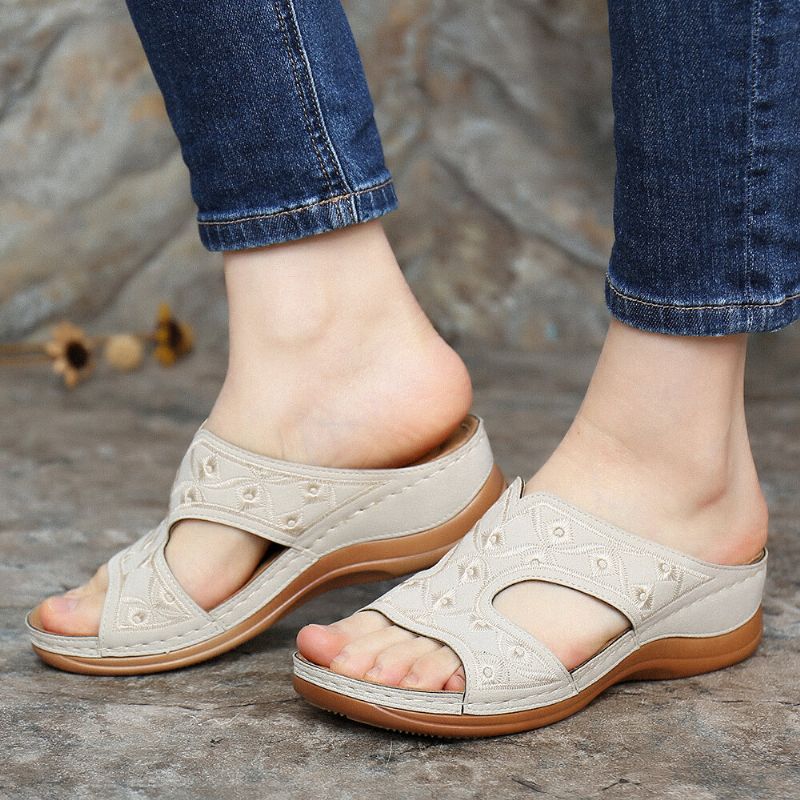 Bequeme Lässige Slip-on-sommer-sandalen Mit Keilabsatz Und Stickerei Für Damen