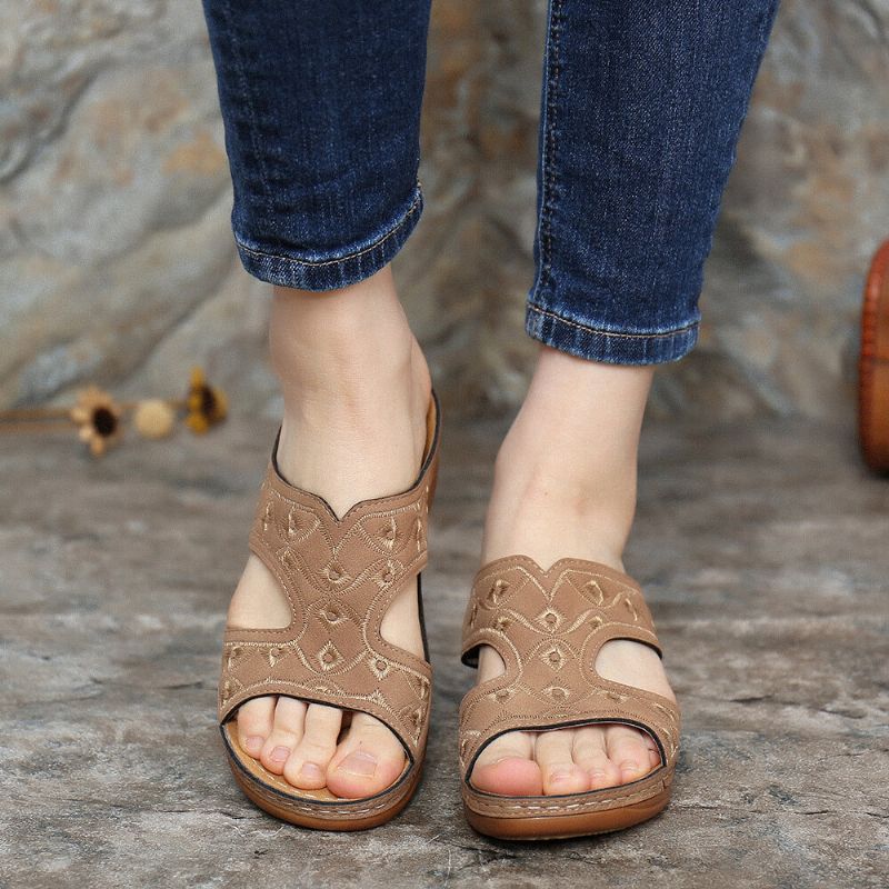 Bequeme Lässige Slip-on-sommer-sandalen Mit Keilabsatz Und Stickerei Für Damen