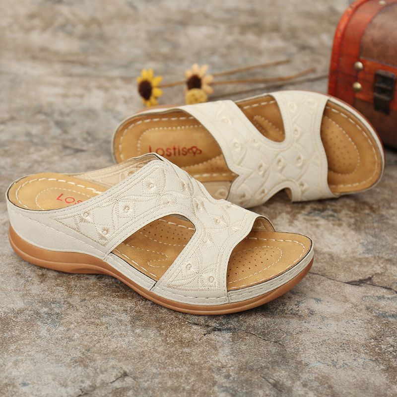 Bequeme Lässige Slip-on-sommer-sandalen Mit Keilabsatz Und Stickerei Für Damen