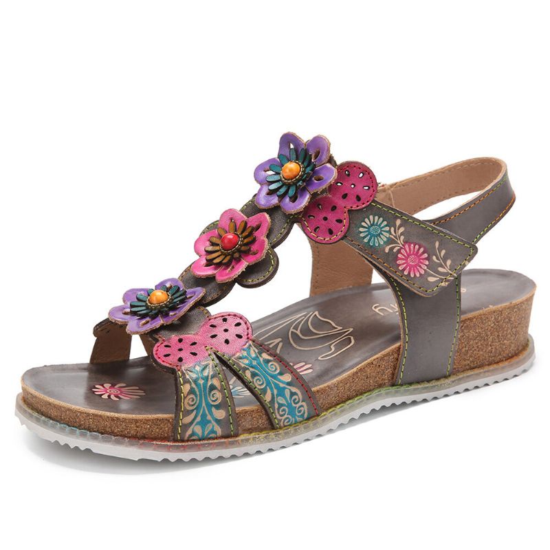 Bequeme Sommerferien Aus Echtem Leder Böhmische Ethnische Florale Klettverschluss-t-strap-sandalen Mit Keilabsatz