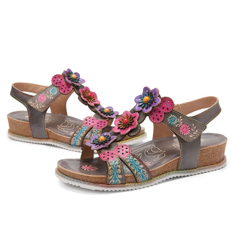 Bequeme Sommerferien Aus Echtem Leder Böhmische Ethnische Florale Klettverschluss-t-strap-sandalen Mit Keilabsatz