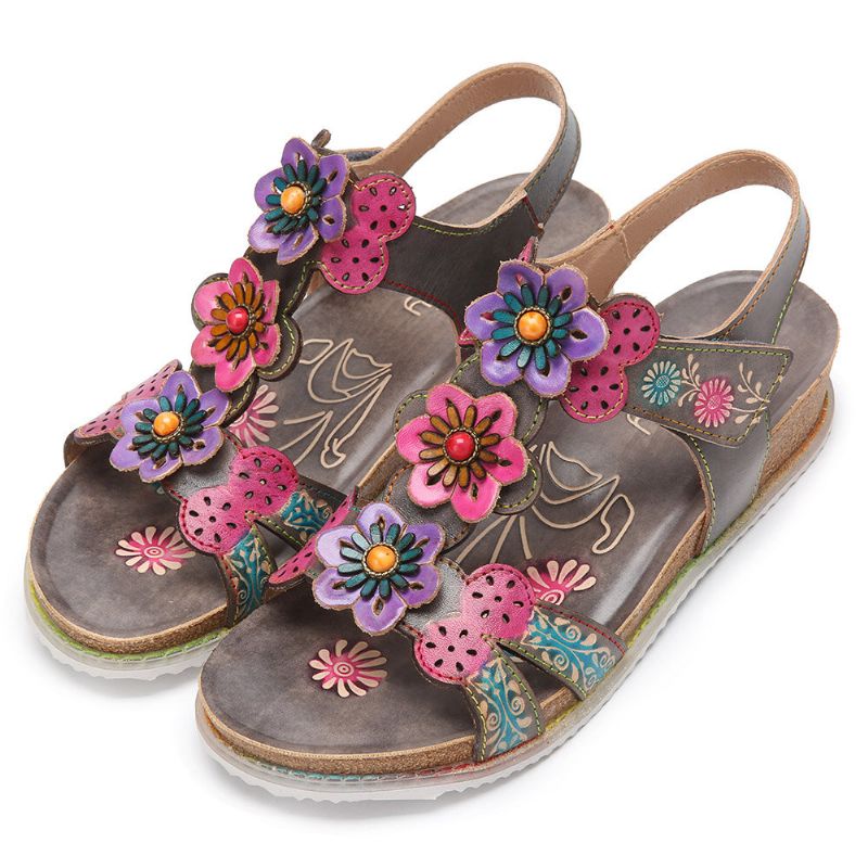 Bequeme Sommerferien Aus Echtem Leder Böhmische Ethnische Florale Klettverschluss-t-strap-sandalen Mit Keilabsatz