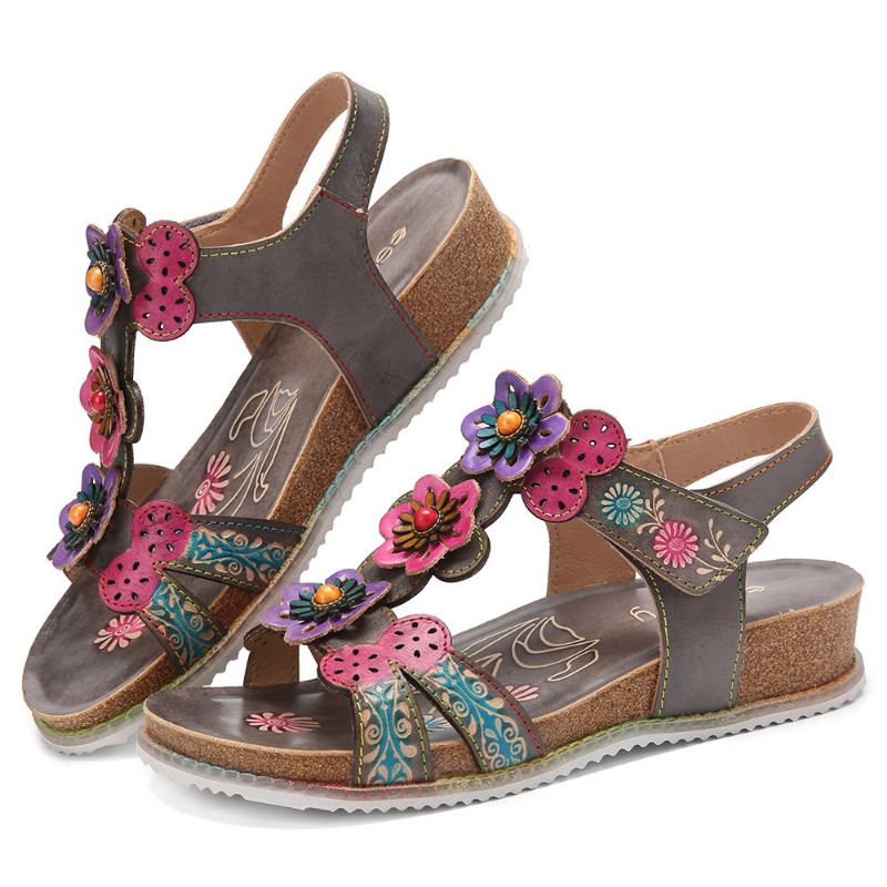 Bequeme Sommerferien Aus Echtem Leder Böhmische Ethnische Florale Klettverschluss-t-strap-sandalen Mit Keilabsatz