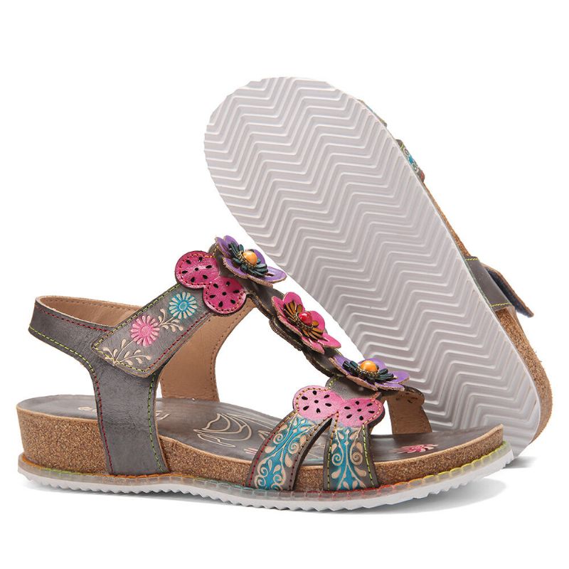 Bequeme Sommerferien Aus Echtem Leder Böhmische Ethnische Florale Klettverschluss-t-strap-sandalen Mit Keilabsatz