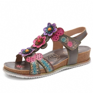 Bequeme Sommerferien Aus Echtem Leder Böhmische Ethnische Florale Klettverschluss-t-strap-sandalen Mit Keilabsatz