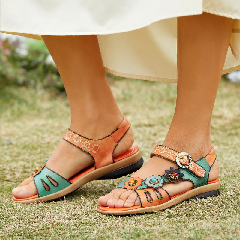 Bequeme Sommerferien Aus Echtem Leder Mit Böhmischem Ethno-blumendekor Und Klettverschluss-sandalen