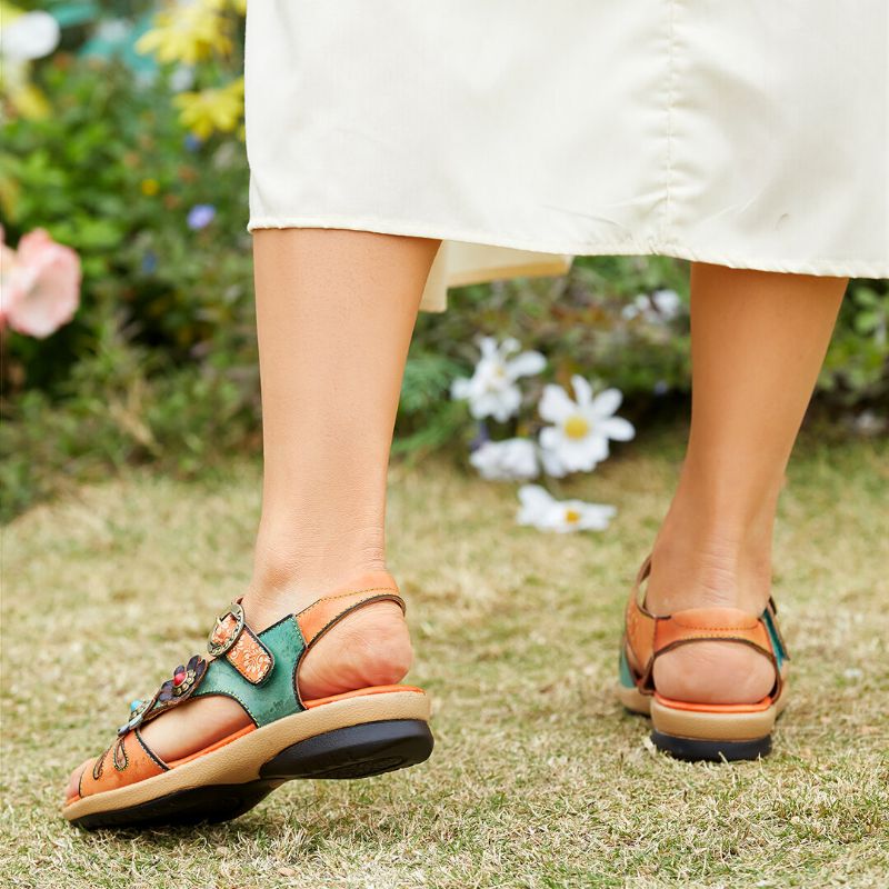 Bequeme Sommerferien Aus Echtem Leder Mit Böhmischem Ethno-blumendekor Und Klettverschluss-sandalen