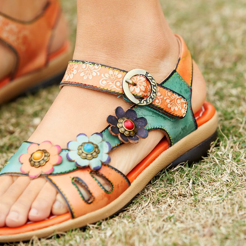 Bequeme Sommerferien Aus Echtem Leder Mit Böhmischem Ethno-blumendekor Und Klettverschluss-sandalen