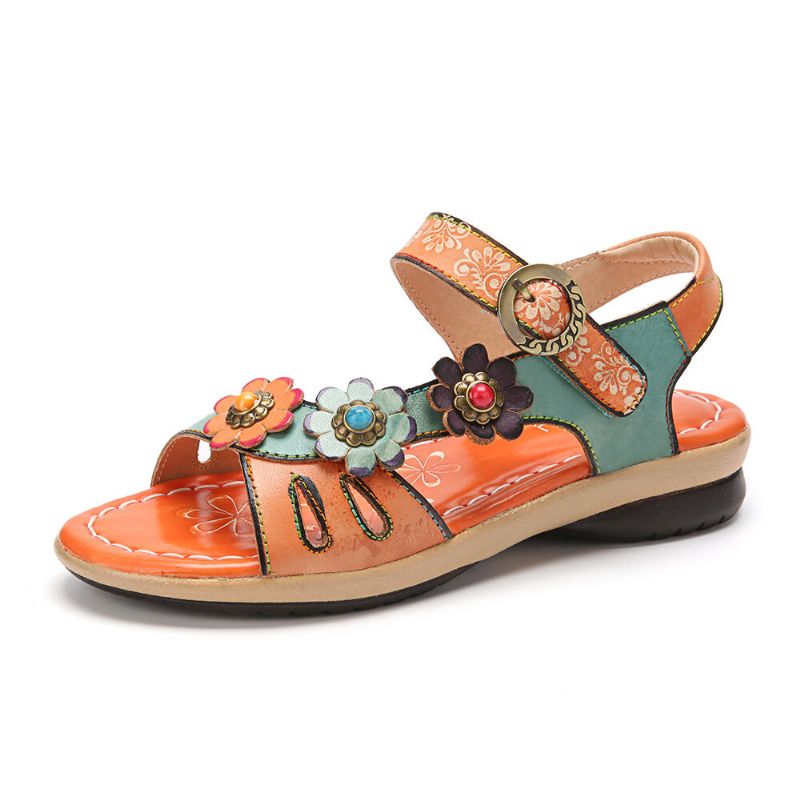 Bequeme Sommerferien Aus Echtem Leder Mit Böhmischem Ethno-blumendekor Und Klettverschluss-sandalen