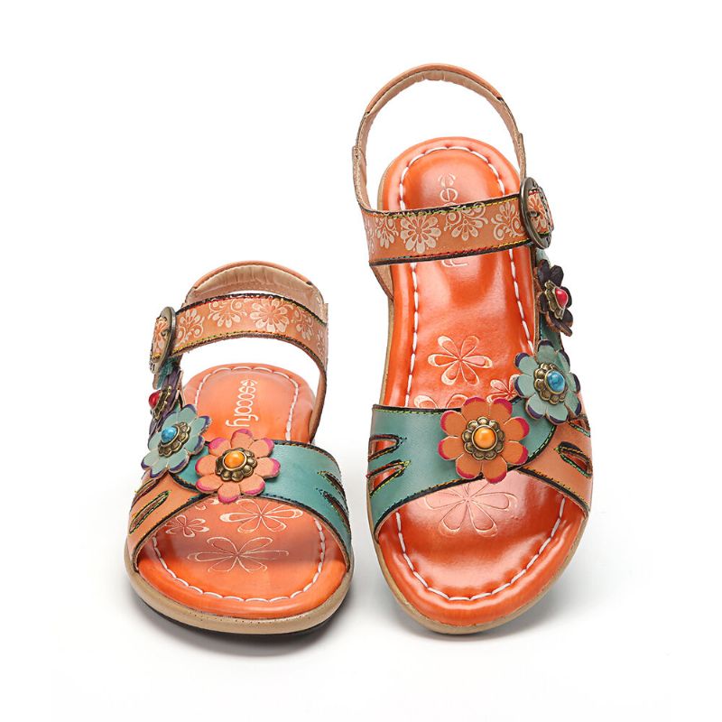 Bequeme Sommerferien Aus Echtem Leder Mit Böhmischem Ethno-blumendekor Und Klettverschluss-sandalen