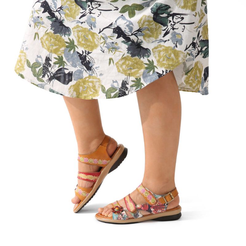 Bequeme Sommerferien-bohemian-ethno-blumen-klettverschluss-sandalen Aus Echtem Leder