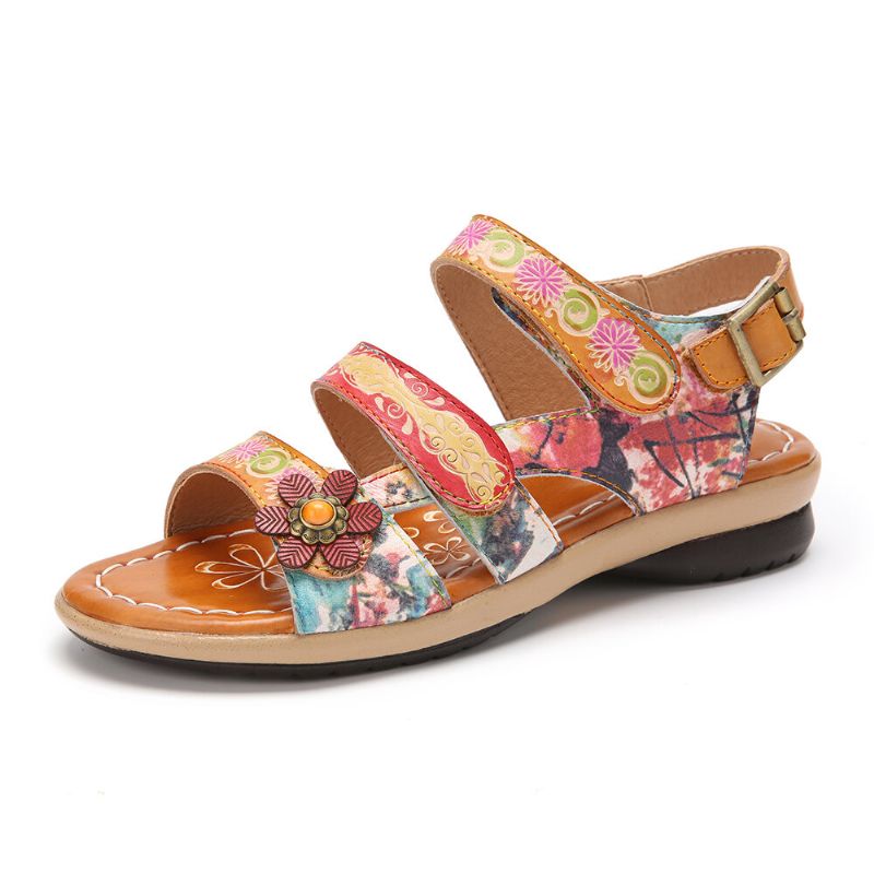 Bequeme Sommerferien-bohemian-ethno-blumen-klettverschluss-sandalen Aus Echtem Leder