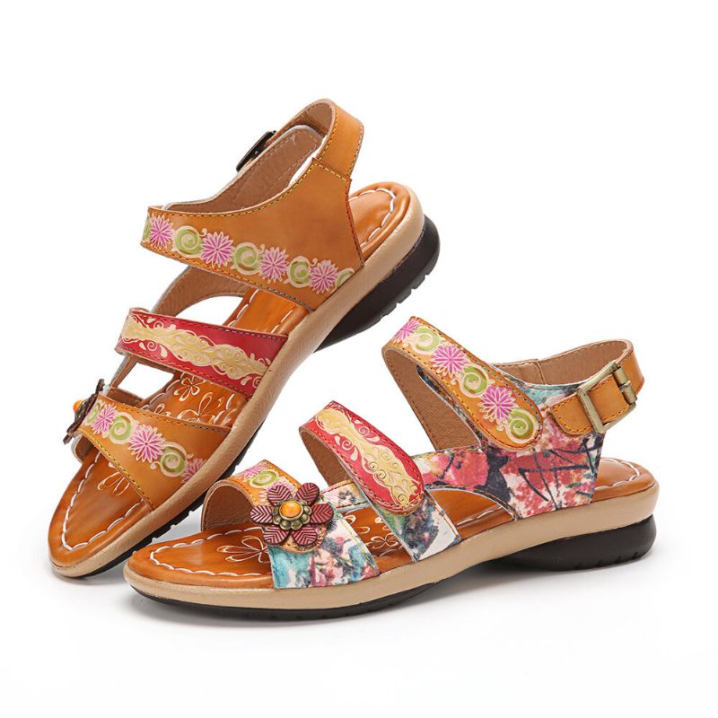 Bequeme Sommerferien-bohemian-ethno-blumen-klettverschluss-sandalen Aus Echtem Leder