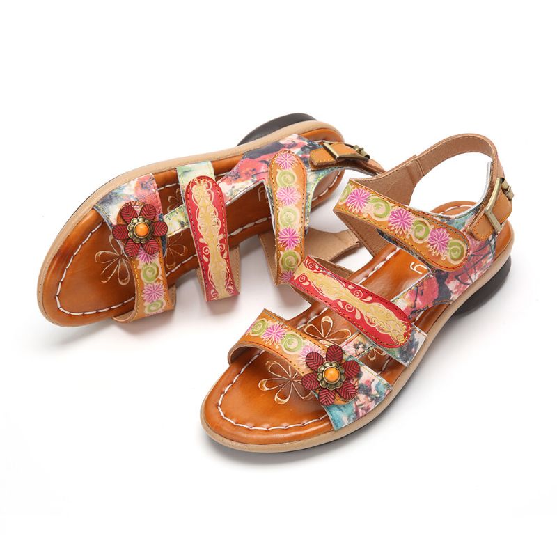 Bequeme Sommerferien-bohemian-ethno-blumen-klettverschluss-sandalen Aus Echtem Leder