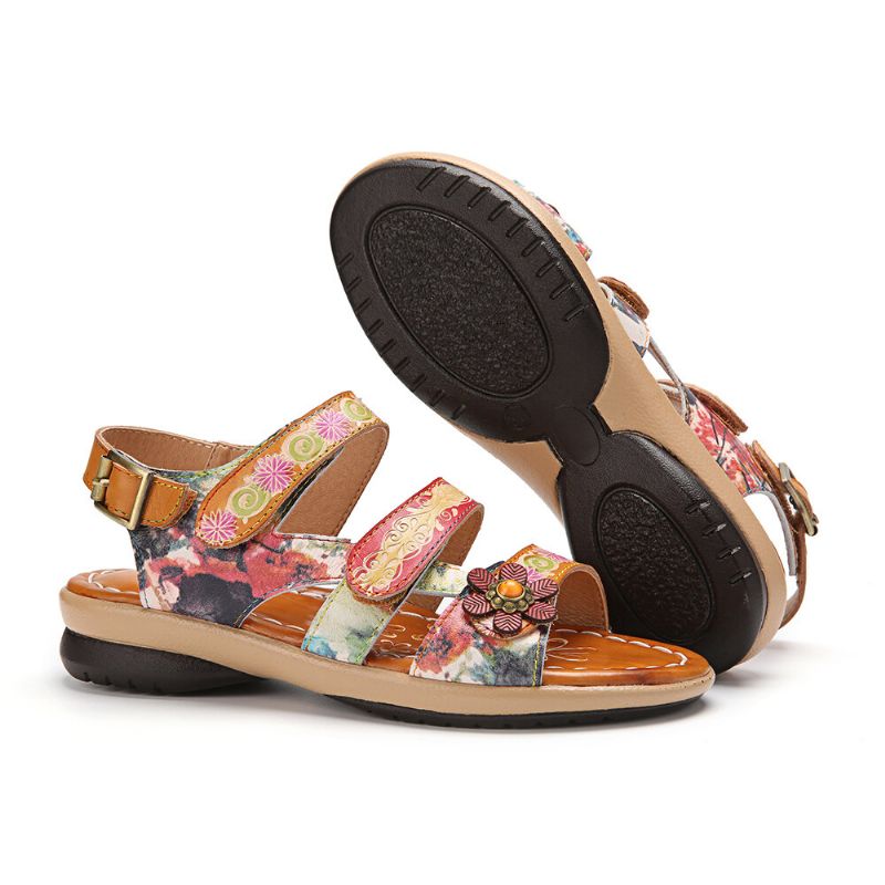 Bequeme Sommerferien-bohemian-ethno-blumen-klettverschluss-sandalen Aus Echtem Leder