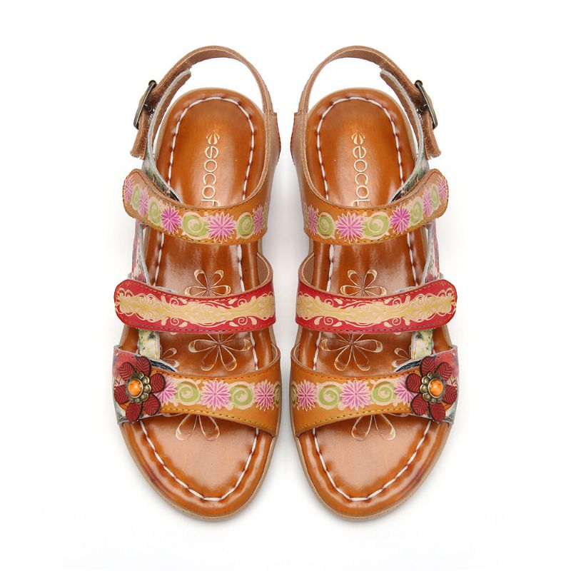 Bequeme Sommerferien-bohemian-ethno-blumen-klettverschluss-sandalen Aus Echtem Leder