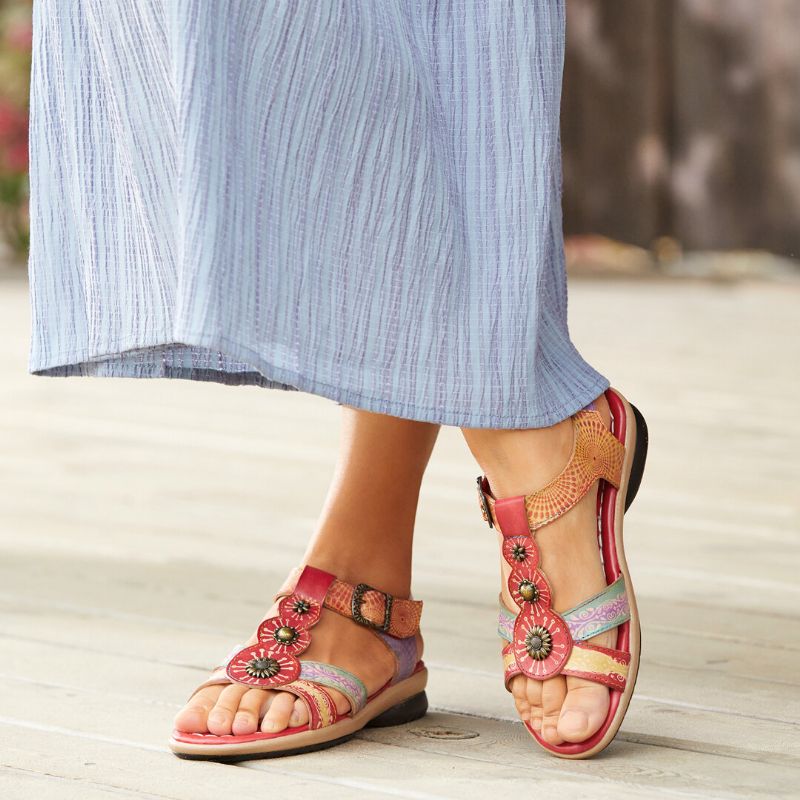 Bequeme Sommerferien-bohemien-ethno-blumendruck-klettverschluss-t-strap-sandalen Aus Echtem Leder