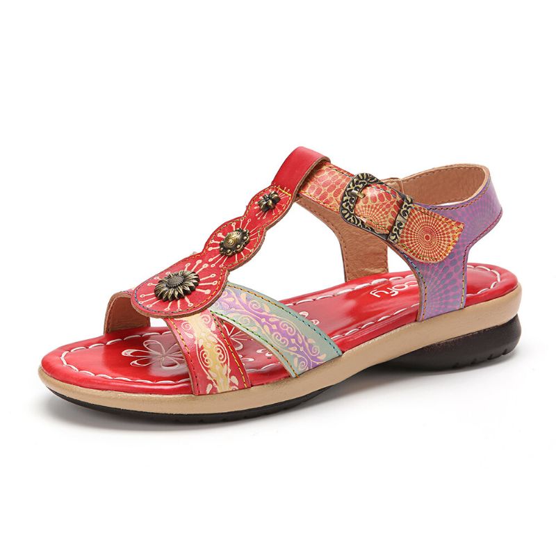 Bequeme Sommerferien-bohemien-ethno-blumendruck-klettverschluss-t-strap-sandalen Aus Echtem Leder