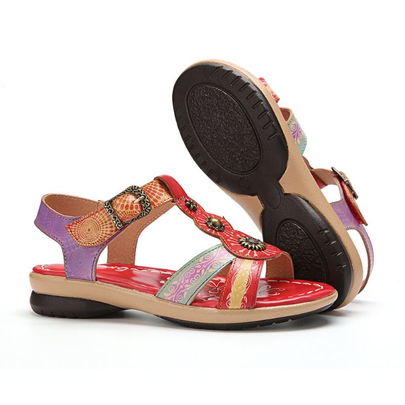 Bequeme Sommerferien-bohemien-ethno-blumendruck-klettverschluss-t-strap-sandalen Aus Echtem Leder