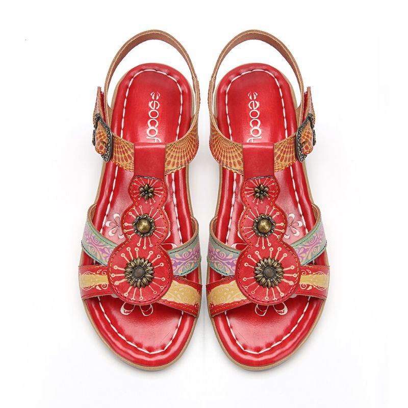 Bequeme Sommerferien-bohemien-ethno-blumendruck-klettverschluss-t-strap-sandalen Aus Echtem Leder