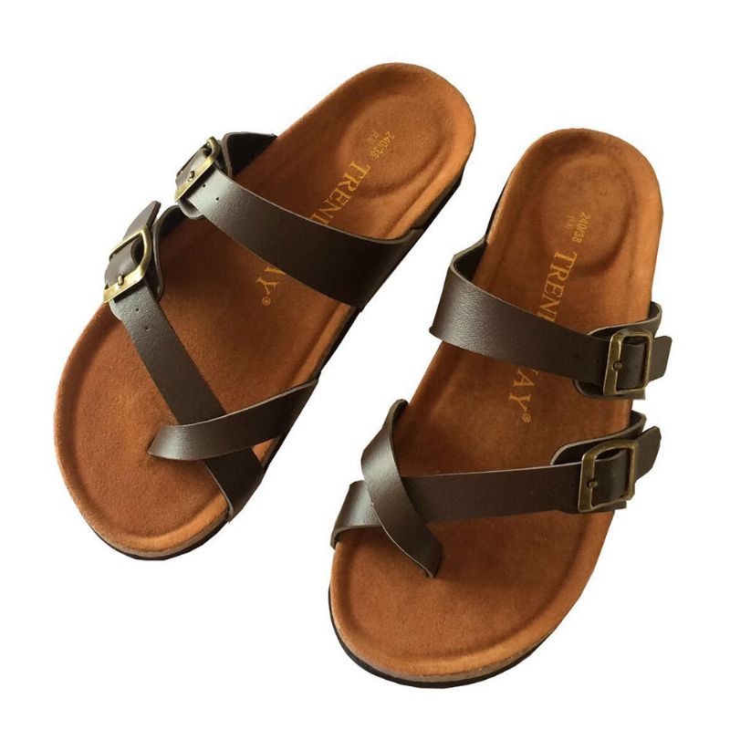 Bequeme Strand-flip-flops Mit Doppeltem Schnallenriemen Für Damen Aus Kork Flache Sandalen