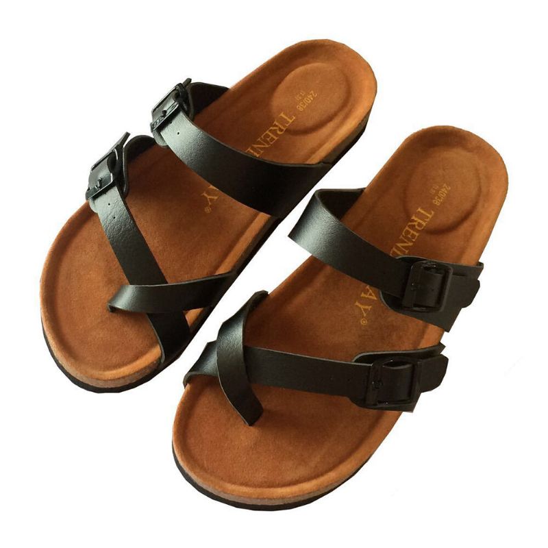 Bequeme Strand-flip-flops Mit Doppeltem Schnallenriemen Für Damen Aus Kork Flache Sandalen