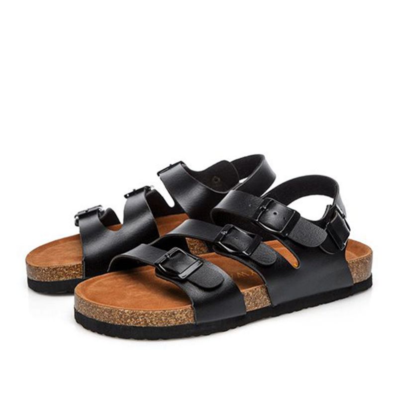 Bequeme Strandsandalen Mit Dreifachem Schnallenriemen Und Weichen Flachen Korksandalen