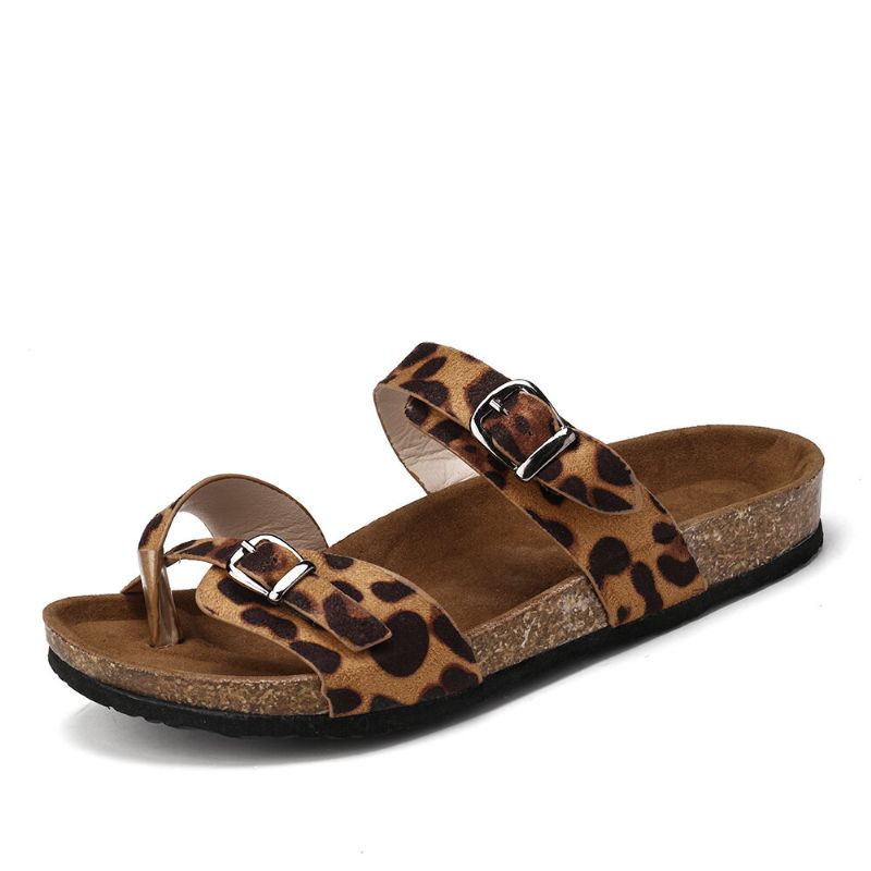 Bequeme Strandsandalen Mit Flachem Zehenring Und Schnallenriemen Für Damen Mit Leopardenmuster