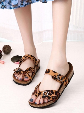 Bequeme Strandsandalen Mit Flachem Zehenring Und Schnallenriemen Für Damen Mit Leopardenmuster