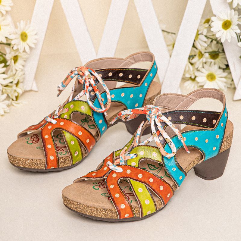 Casual Bohemian Ethnic Colorblock Aus Echtem Leder Bequeme Schnürsandalen Mit Absatz