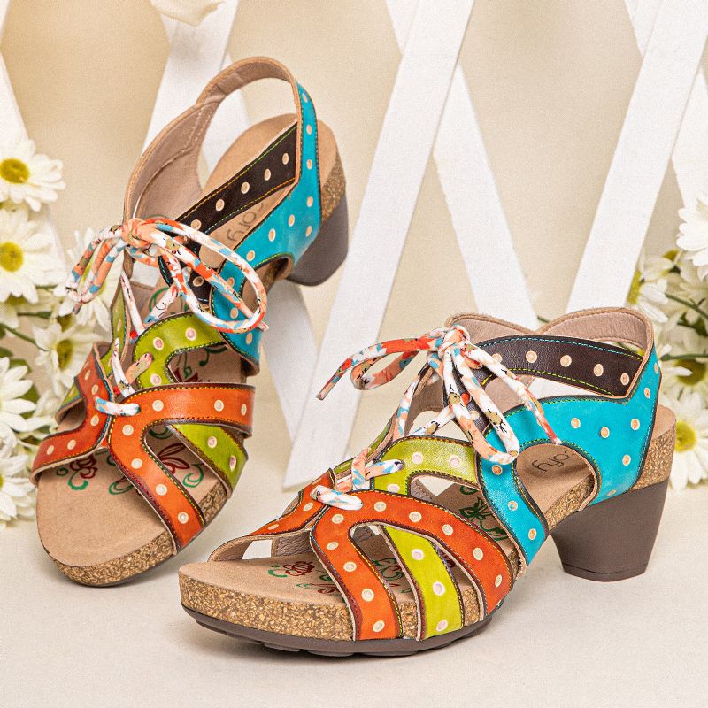 Casual Bohemian Ethnic Colorblock Aus Echtem Leder Bequeme Schnürsandalen Mit Absatz