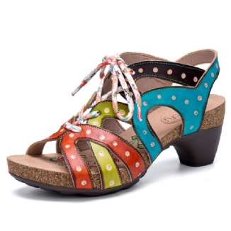 Casual Bohemian Ethnic Colorblock Aus Echtem Leder Bequeme Schnürsandalen Mit Absatz