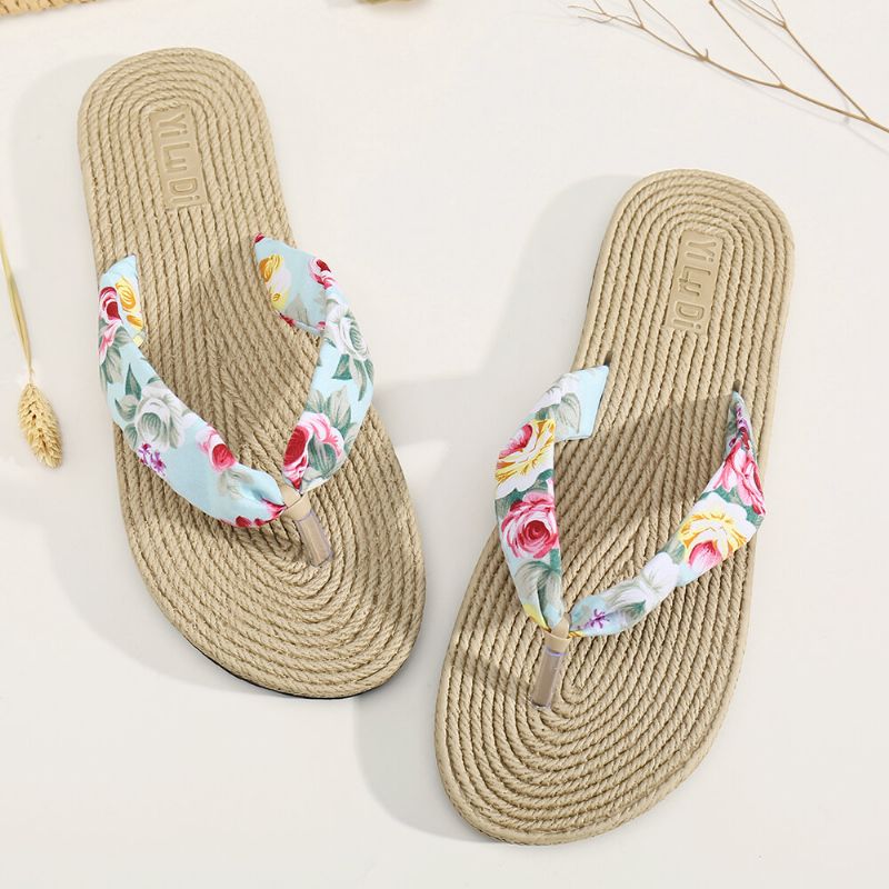 Damen Clip Toe Floral Massage Soles Beach Flats Sandalen