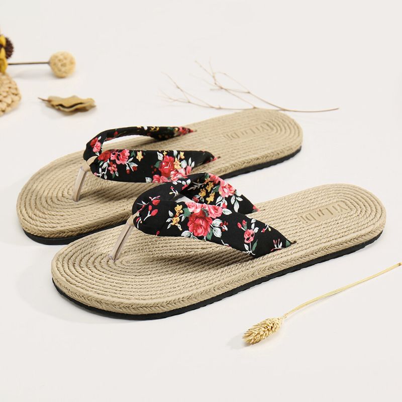 Damen Clip Toe Floral Massage Soles Beach Flats Sandalen