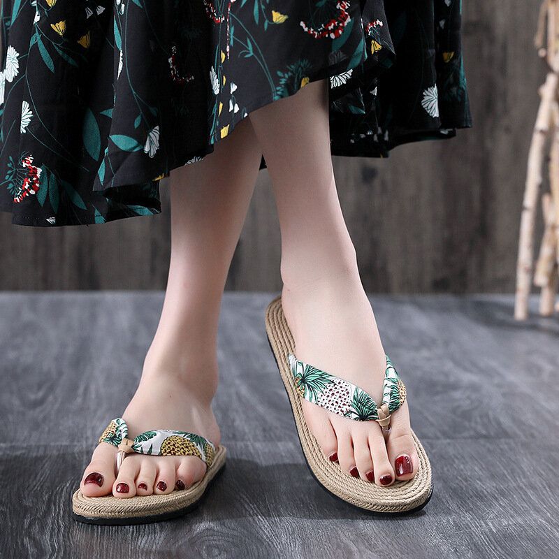 Damen Clip Toe Floral Massage Soles Beach Flats Sandalen