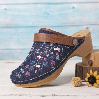 Damen Denim Blumenstickerei Geschlossene Zehen Clogs Sandalen