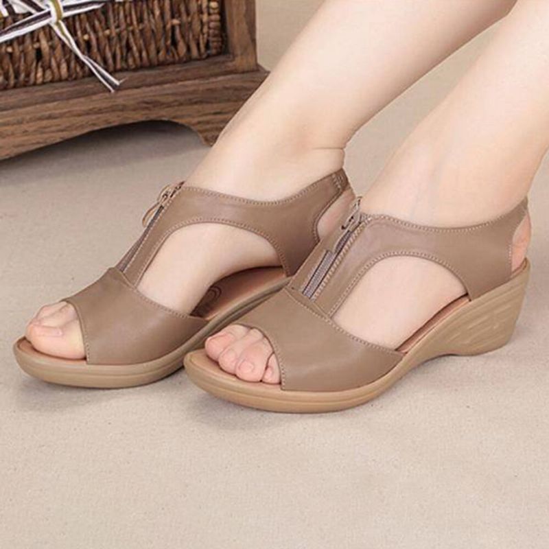 Damen Einfarbig Frontreißverschluss Tragbare Casual Wedges Sandalen