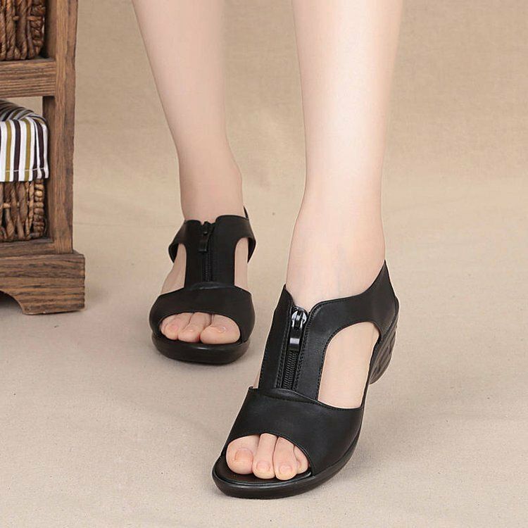 Damen Einfarbig Frontreißverschluss Tragbare Casual Wedges Sandalen