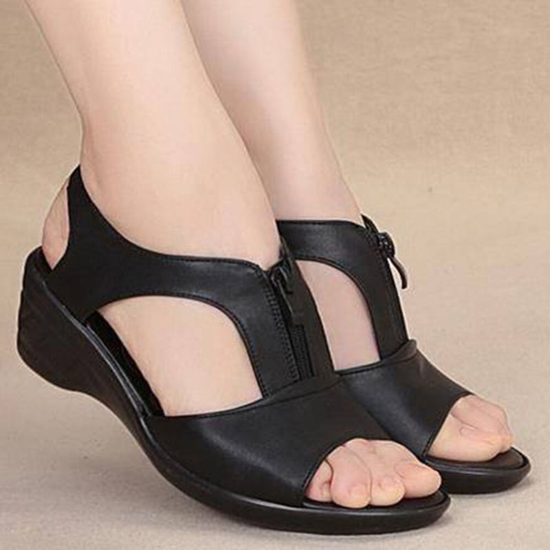 Damen Einfarbig Frontreißverschluss Tragbare Casual Wedges Sandalen