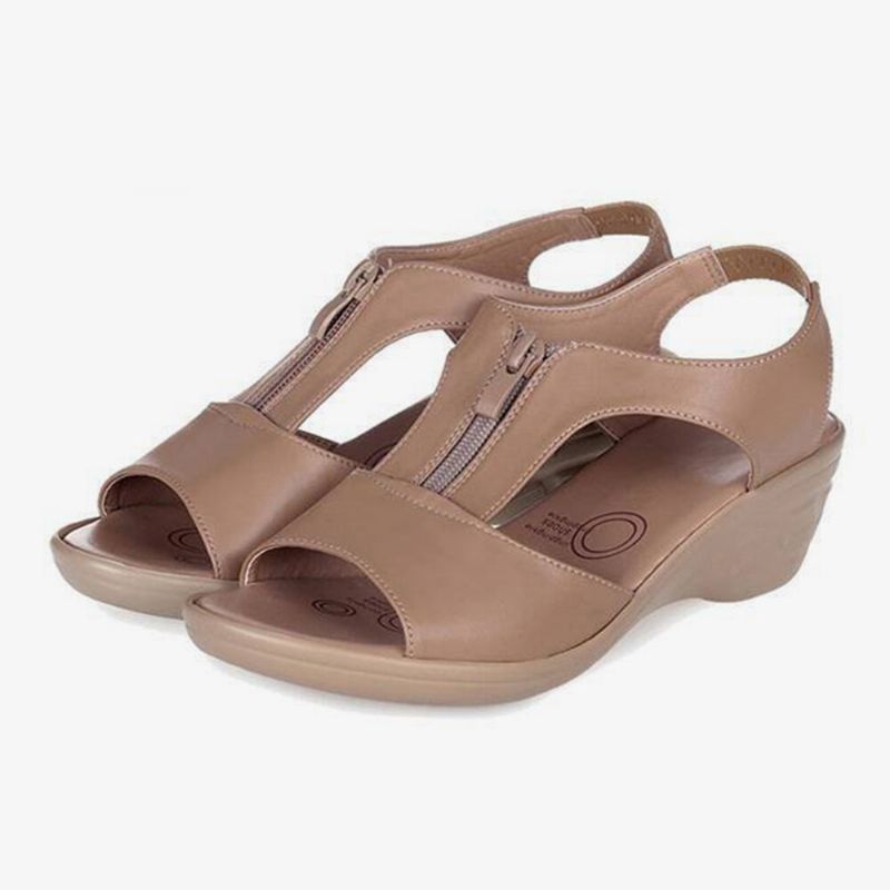 Damen Einfarbig Frontreißverschluss Tragbare Casual Wedges Sandalen