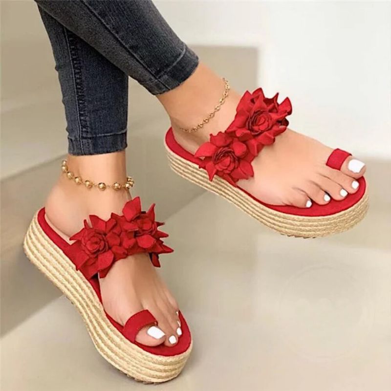 Damen Espadrilles Blumenverzierung Zehenring Lässige Strand-plateau-sandalen