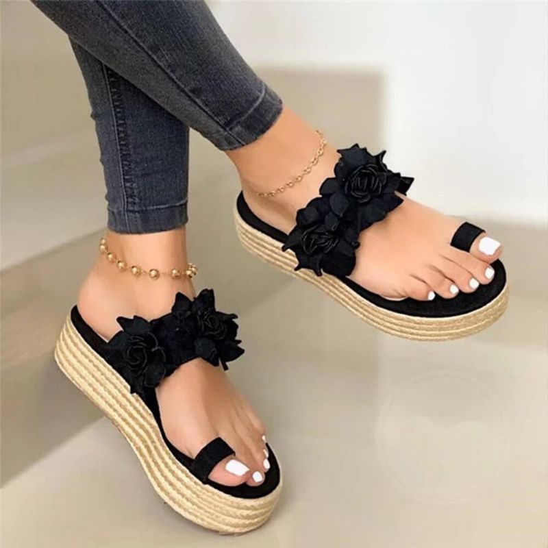 Damen Espadrilles Blumenverzierung Zehenring Lässige Strand-plateau-sandalen