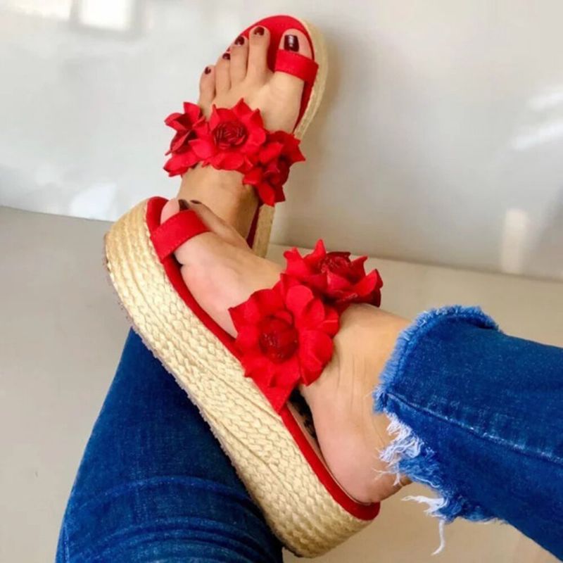 Damen Espadrilles Blumenverzierung Zehenring Lässige Strand-plateau-sandalen