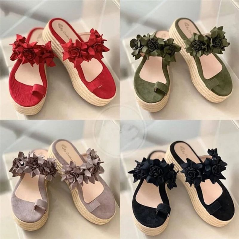 Damen Espadrilles Blumenverzierung Zehenring Lässige Strand-plateau-sandalen