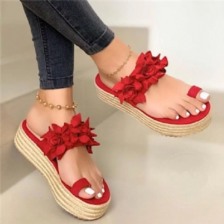 Damen Espadrilles Blumenverzierung Zehenring Lässige Strand-plateau-sandalen